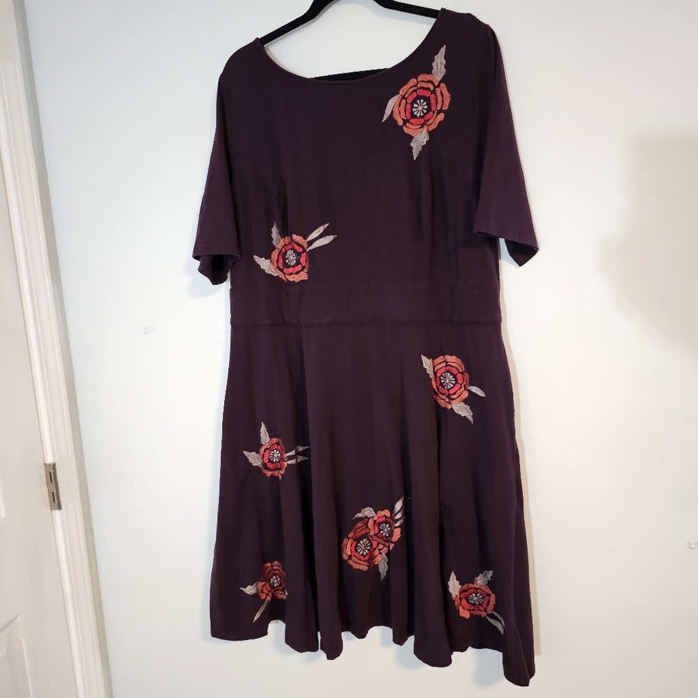 Plum purple cotton stretch knit embroidered fit & flare dress eShakti Plus 20W